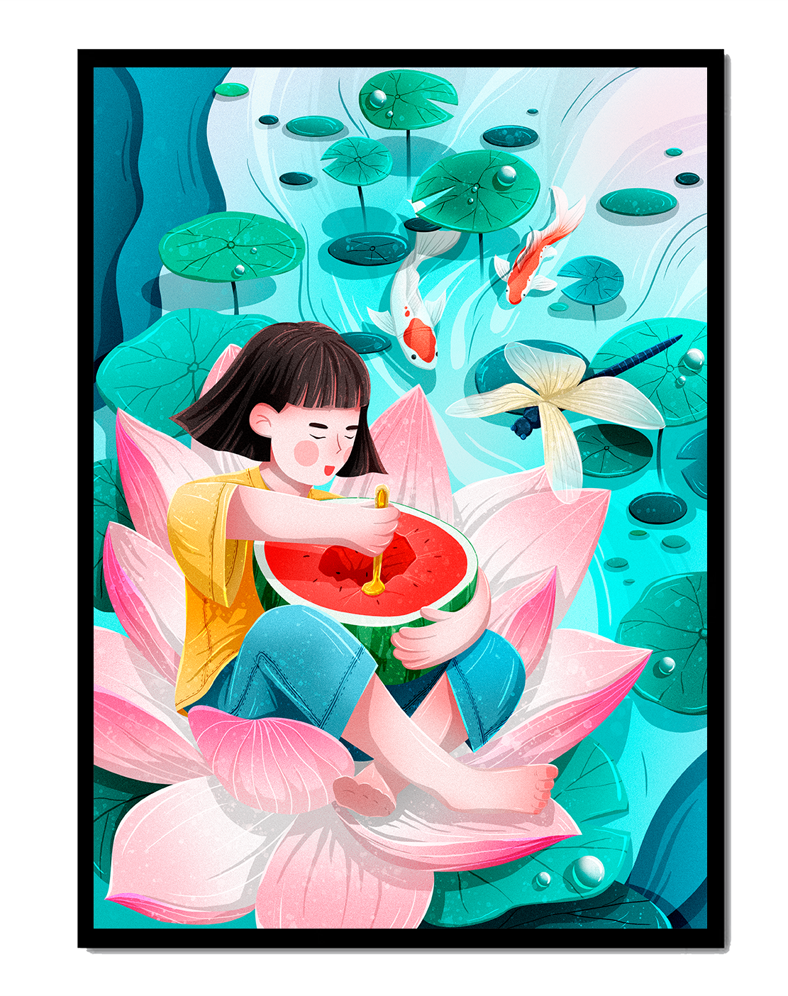 Serene illustration of child with watermelon on lotus flower