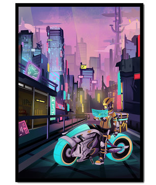 Futuristic Cyberpunk Cityscape with Neon Rider and Motorcycle