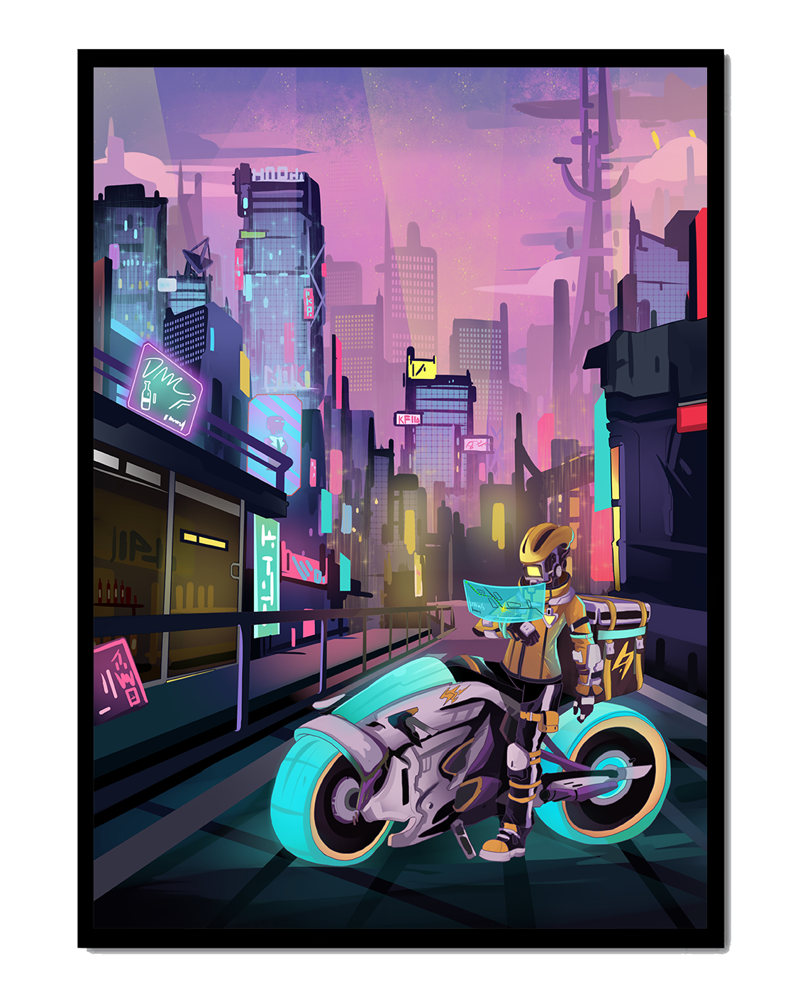 Futuristic Cyberpunk Cityscape with Neon Rider and Motorcycle