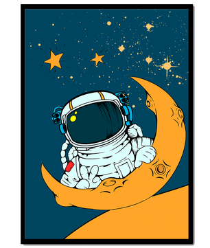 Charming Astronaut Sitting on a Crescent Moon with Stars in Space - Mi tienda