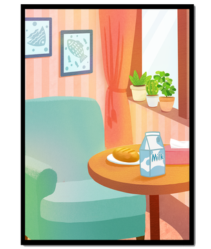 Sala de estar acogedora con mesa y cartón de leche