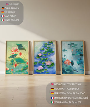 Triptyque d'aquarelles de fleurs de lotus au design moderne