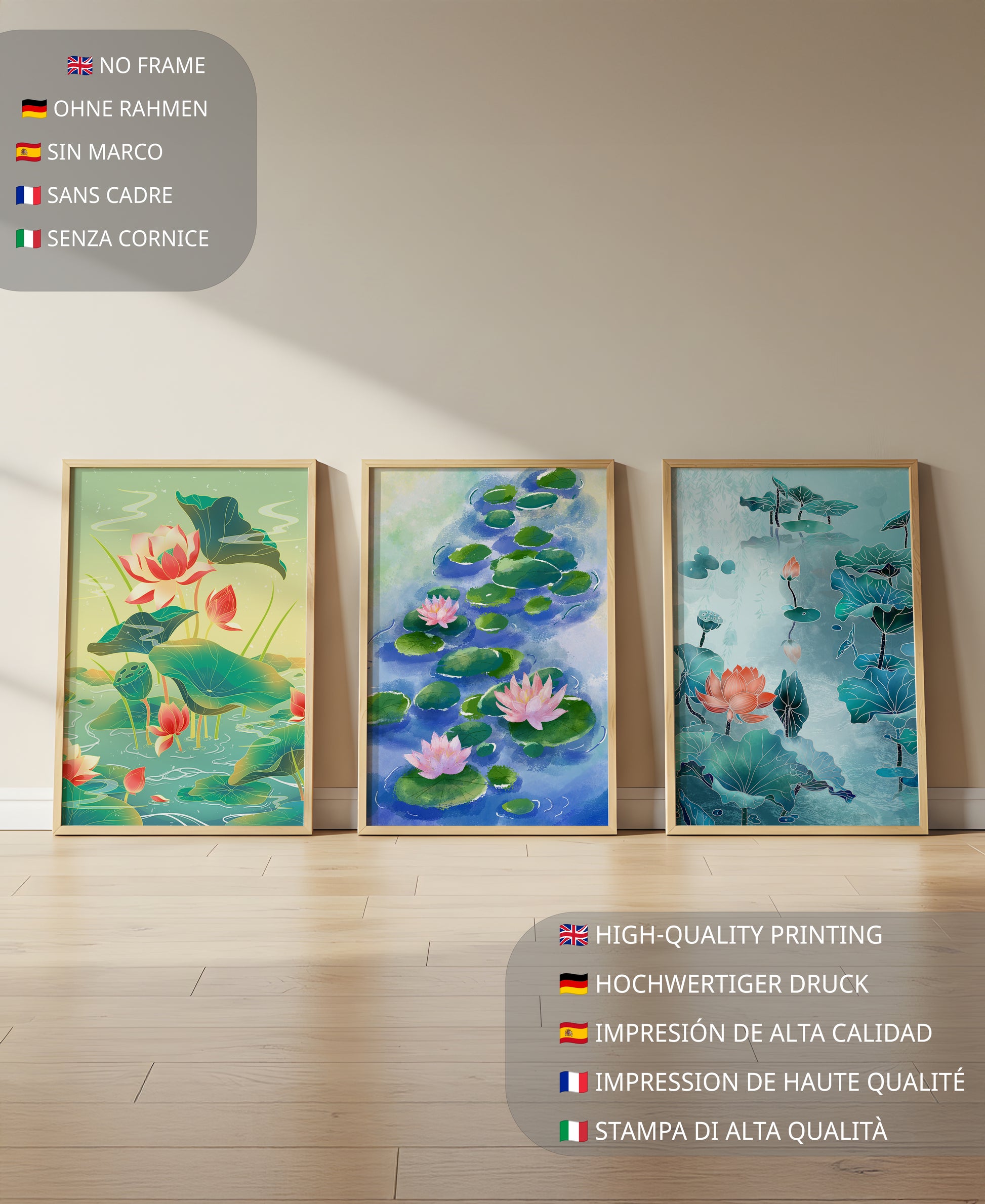 Tríptico de acuarelas de flores de loto en diseño moderno