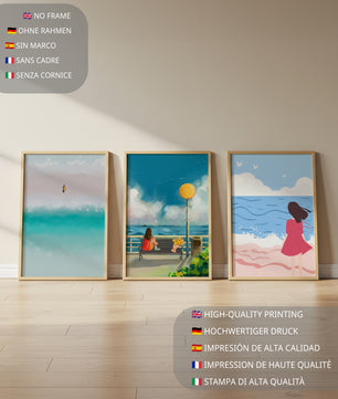 Tableaux minimalistes de plage et de mer avec personnages