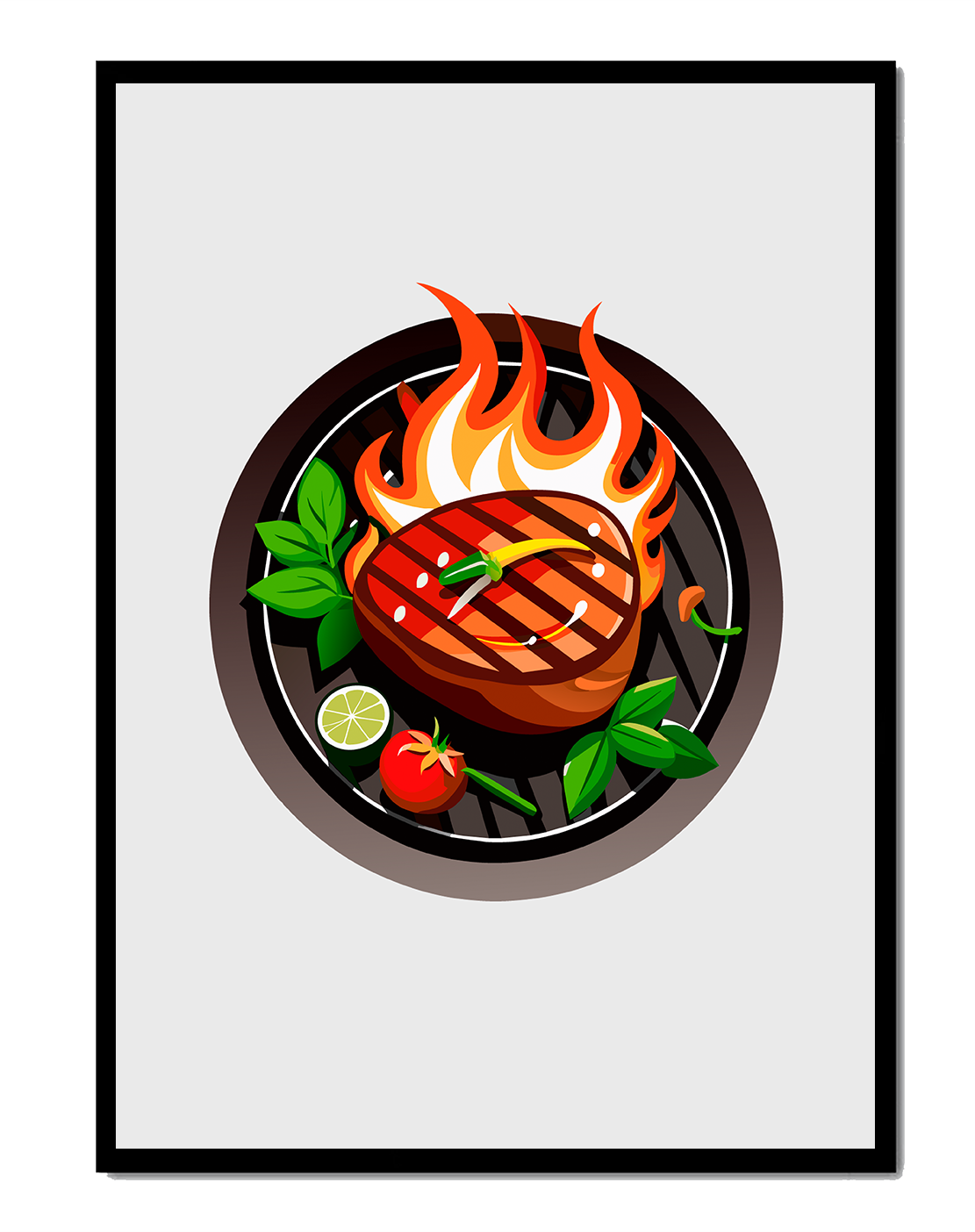 Grilled steak on barbecue grill with flames and fresh ingredients