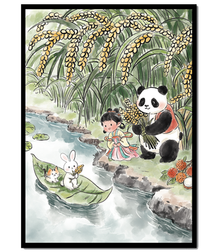 Escena caprichosa con un panda y un conejo junto al río