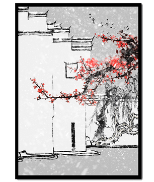 Arquitectura asiática tradicional con flores rojas en un paisaje nevado