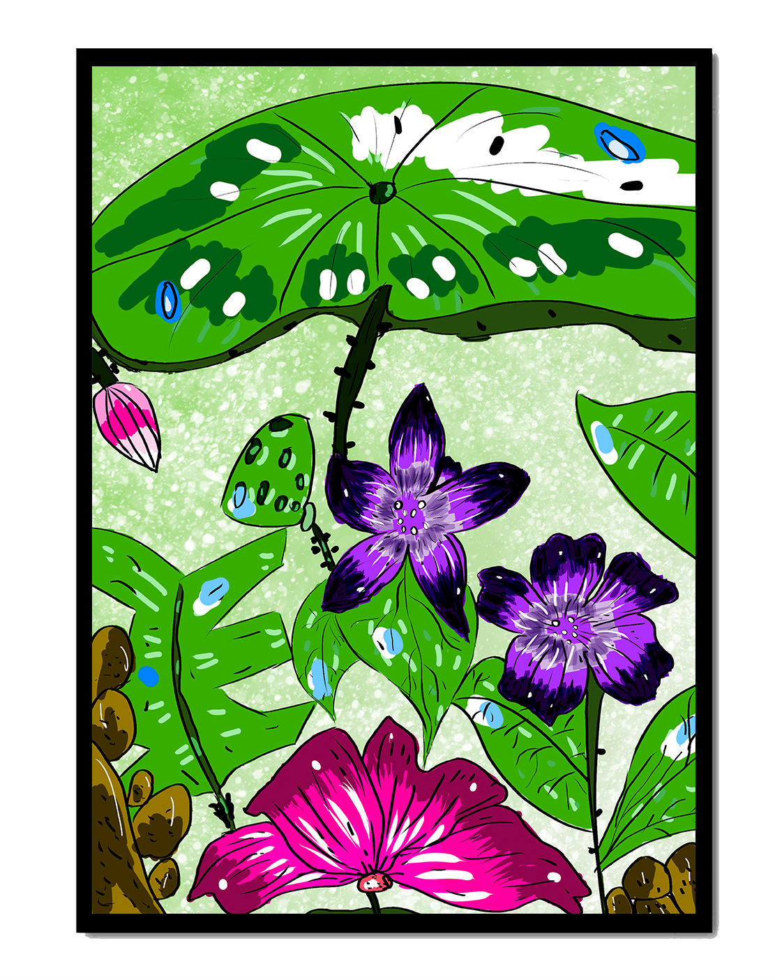 Bunte Blumenillustration mit exotischen Blumen und Blättern