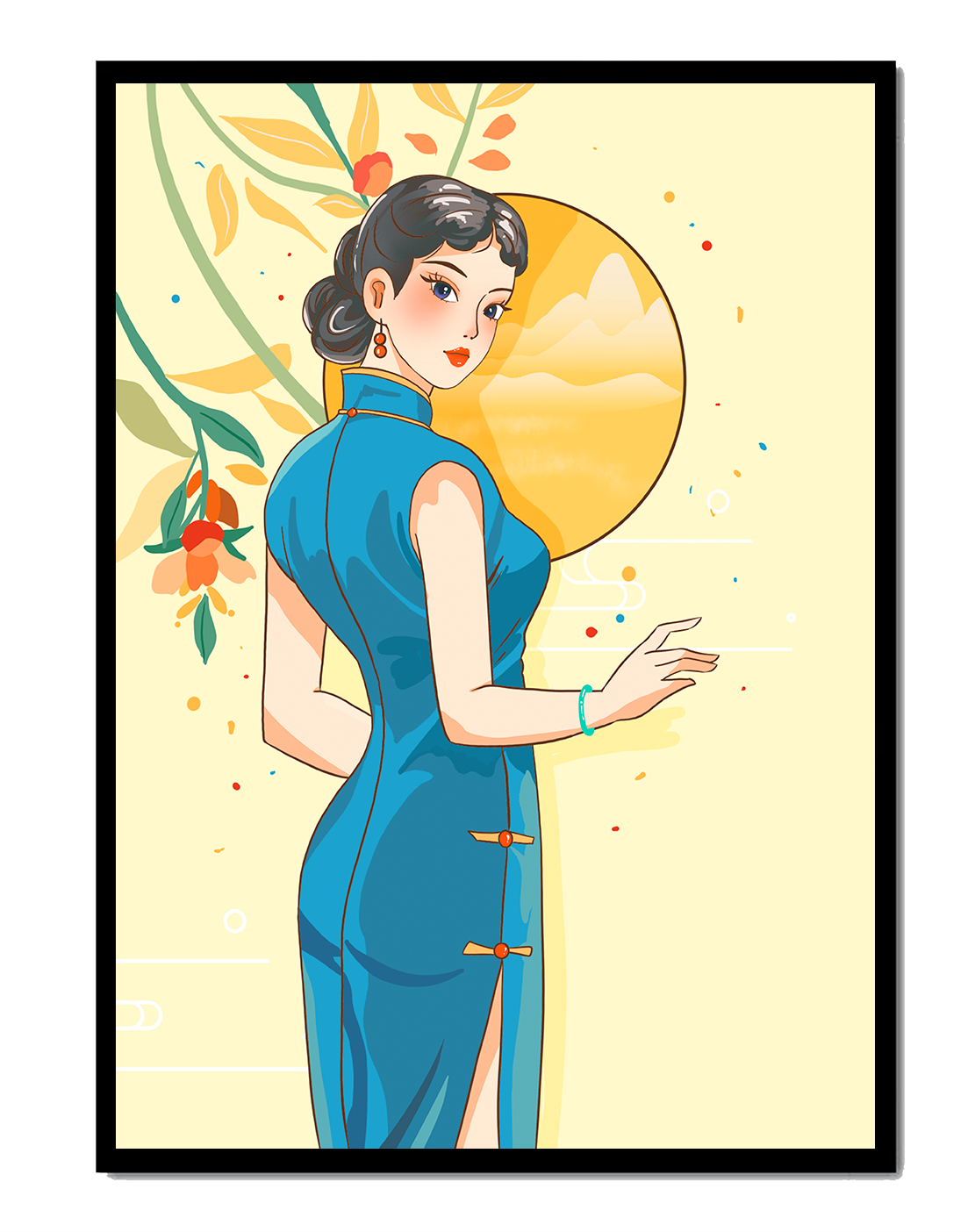 Elegant Woman in Traditional Dress with Floral and Golden Sun Backdrop