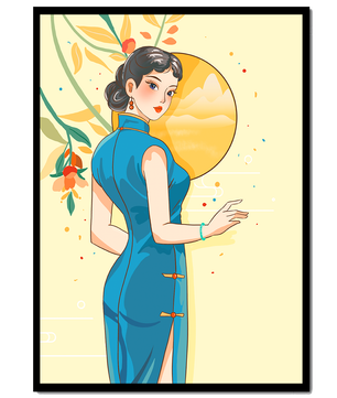 Mujer elegante con vestido tradicional y fondo floral y sol dorado