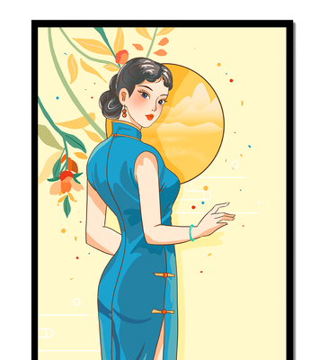 Elegant Woman in Traditional Dress with Floral and Golden Sun Backdrop