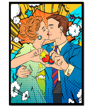 Ilustración de estilo pop art romántico de una pareja besándose con elementos cómicos