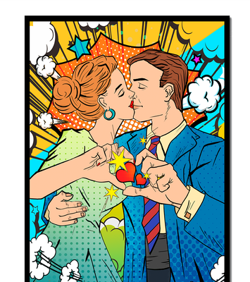 Romantic Pop Art Style Illustration of a Couple Kissing with Comic Elements