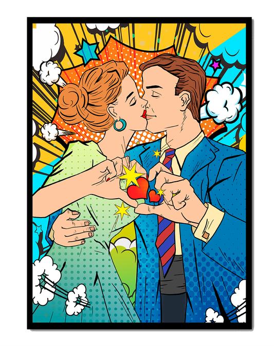 Romantic Pop Art Style Illustration of a Couple Kissing with Comic Elements