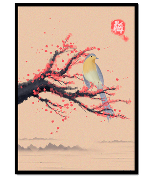 Oiseau serein sur une branche de cerisier dans le style artistique asiatique traditionnel