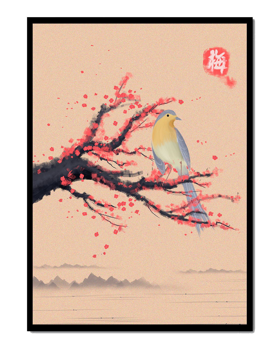 Serene bird on cherry blossom branch in traditional Asian art style