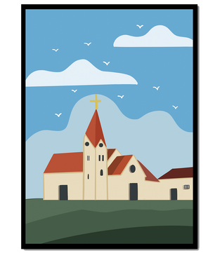 Idyllic Church Landscape with Golden Cross and Blue Sky
