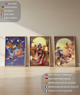 Triptyque de posters à thème oriental et pleine lune