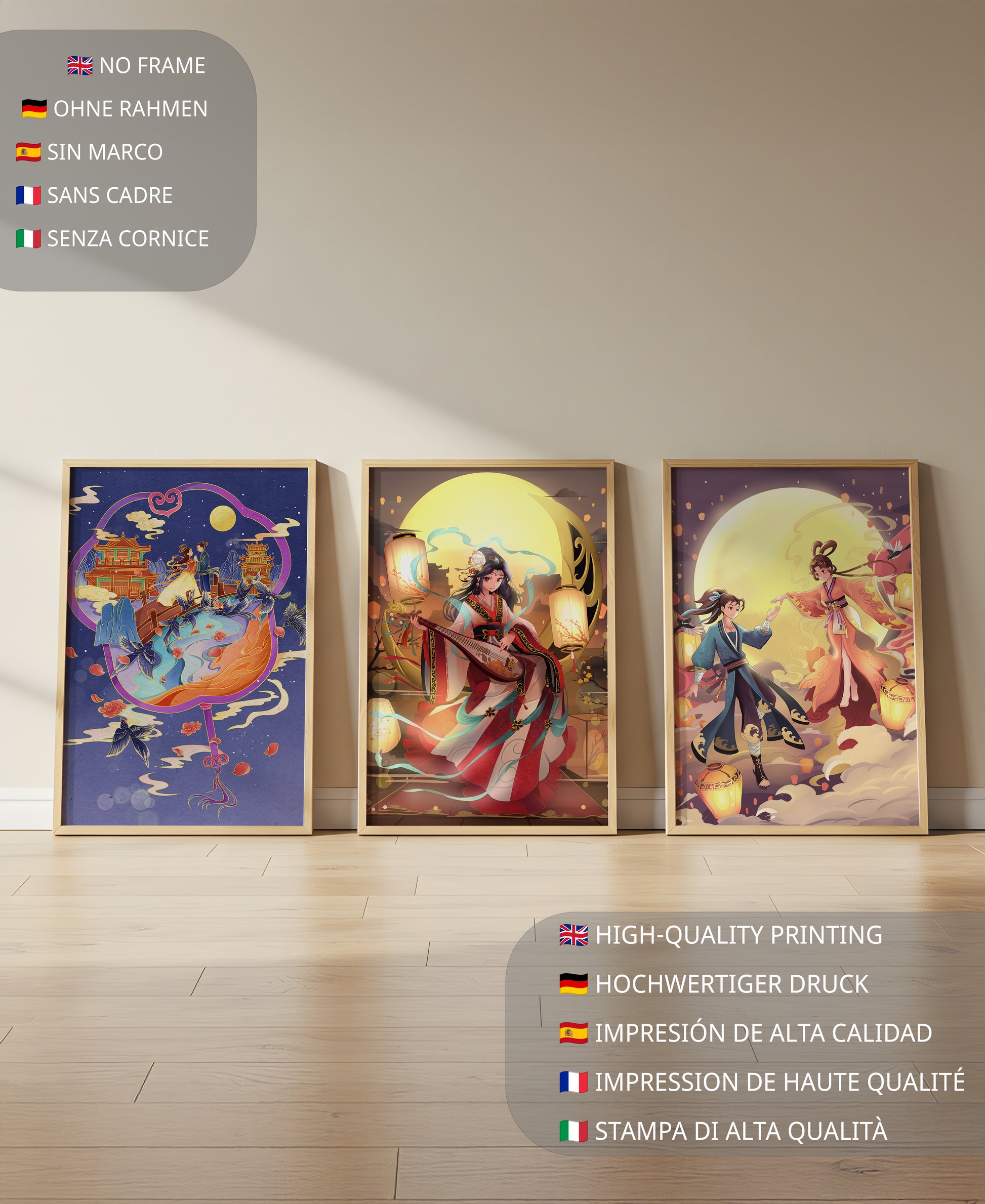 Triptyque de posters à thème oriental et pleine lune