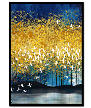 Vibrant Forest Landscape with Birds and Golden Leaves