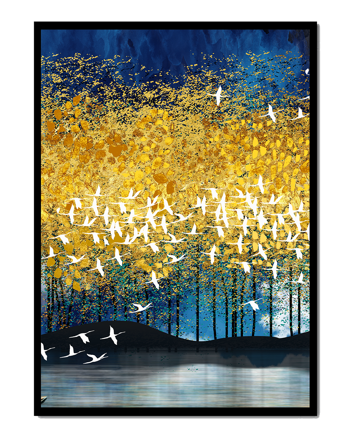 Vibrant Forest Landscape with Birds and Golden Leaves