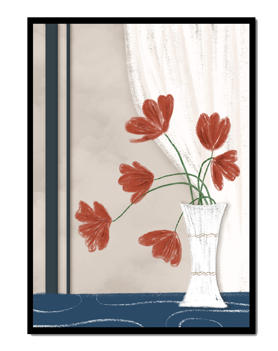 Delicate Red Flowers in a Vase with Elegant Drapery Interior