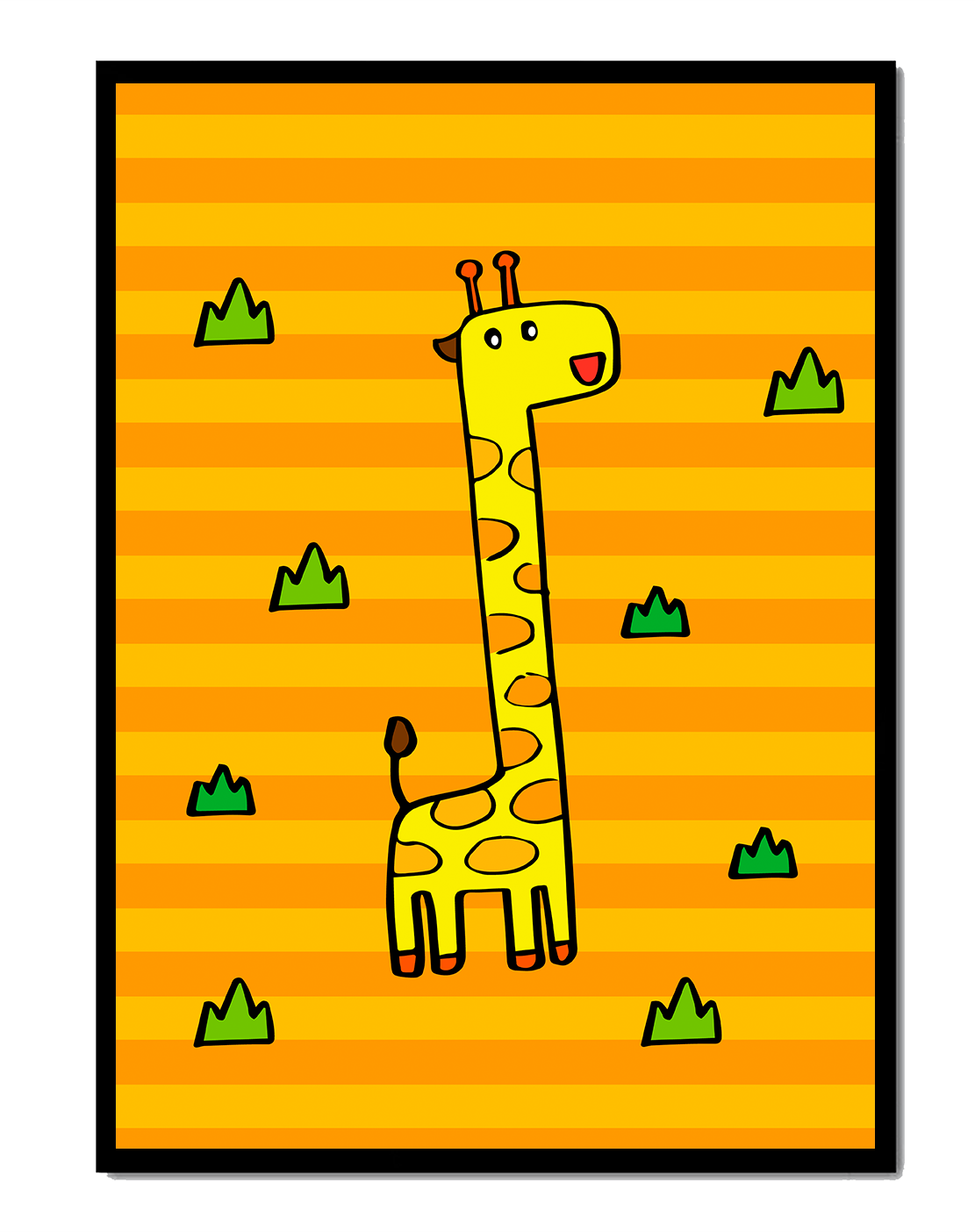 Bright cartoon giraffe illustration on a striped background
