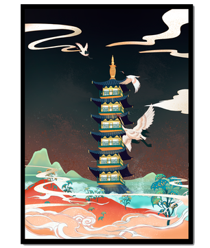 Scène illustrée d’une pagode traditionnelle avec des grues dans un paysage coloré