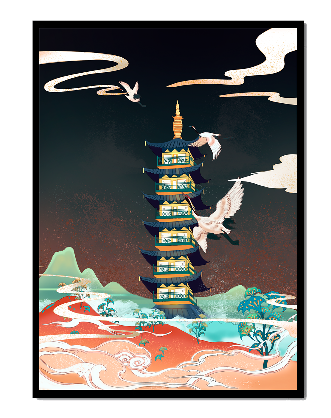 Illustrated scene of traditional pagoda with cranes in colorful landscape