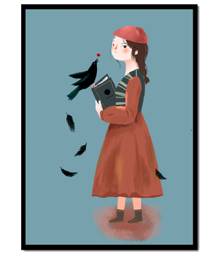 chica en atuendo vintage con pájaro y libro sobre fondo azul