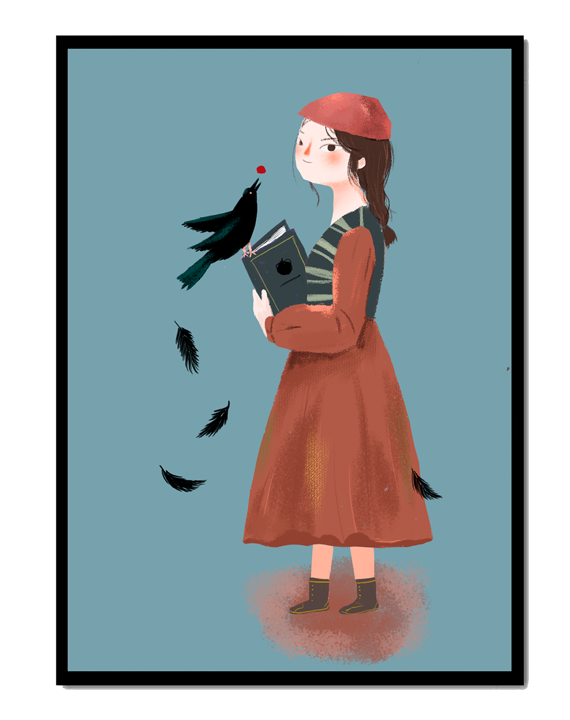girl in vintage attire with bird and book on blue background
