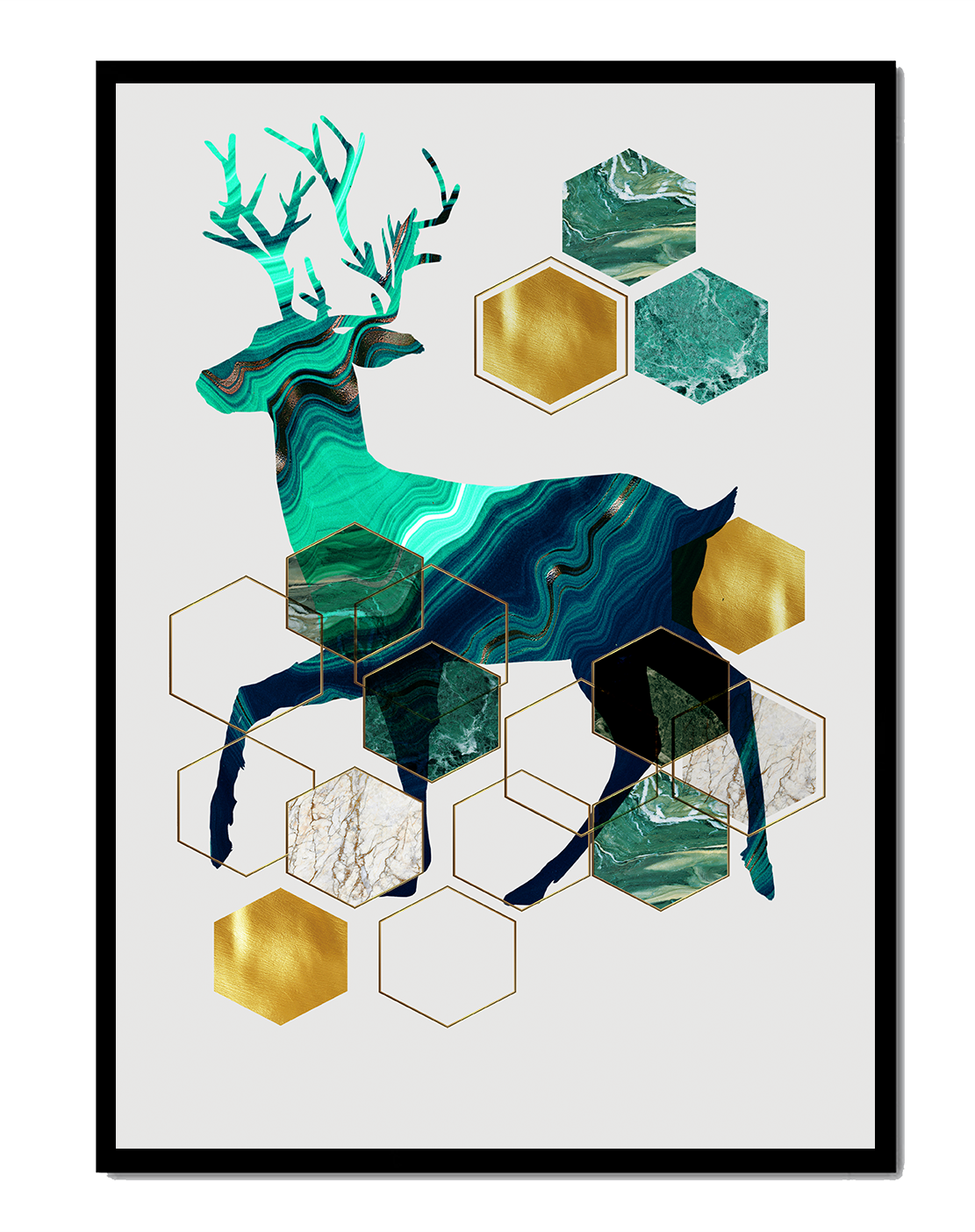 Geometric Deer Silhouette with Marble and Gold Accents