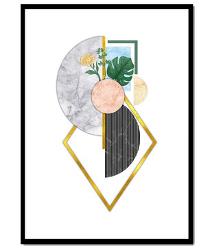 Arte geométrico abstracto con acentos florales y dorados
