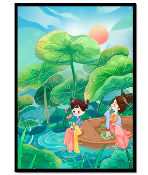 Charming illustration of children on a boat in a lush lotus pond