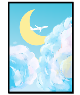 Ilustración de cielo panorámico con avión y luna creciente