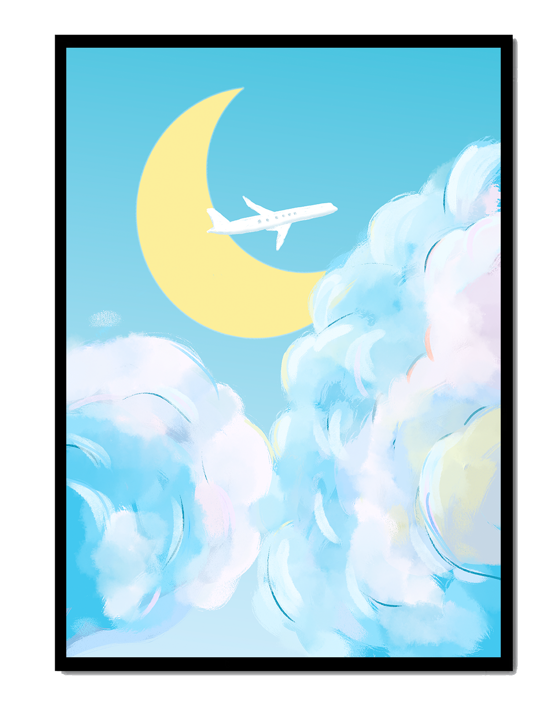 Scenic sky illustration with airplane and crescent moon
