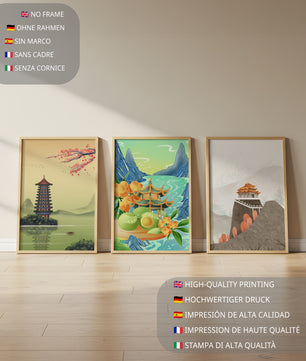 Tríptico De Paisajes Asiáticos Con Elementos Naturales