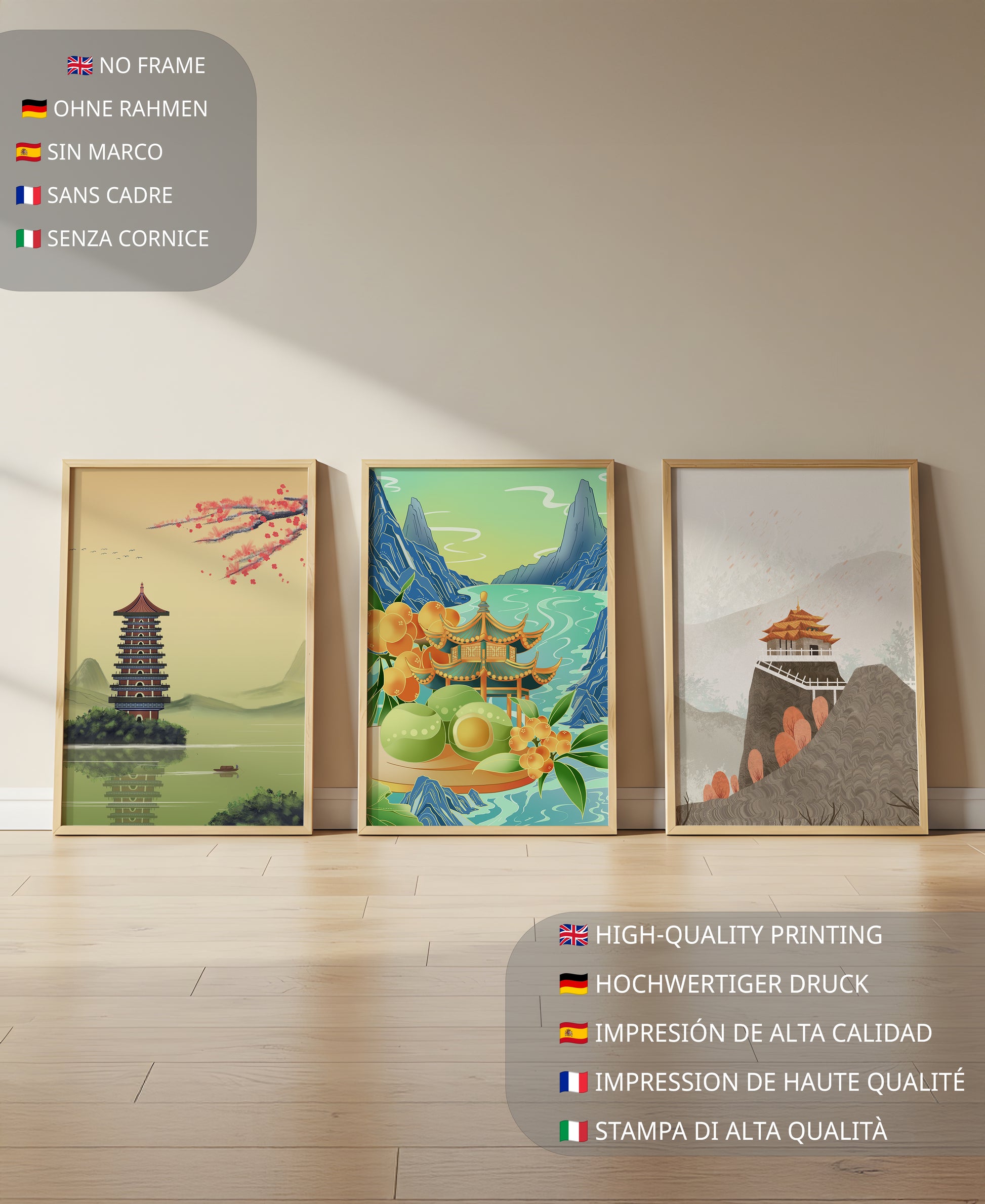 Tríptico De Paisajes Asiáticos Con Elementos Naturales