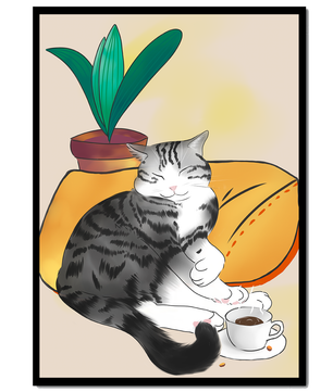 Entspannte Katze mit Kaffee und Pflanze auf gemütlichem Kissen