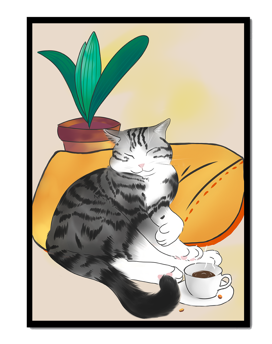 Entspannte Katze mit Kaffee und Pflanze auf gemütlichem Kissen