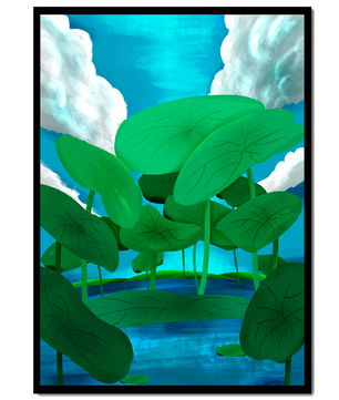 Serene landscape with lush green leaves and blue horizon