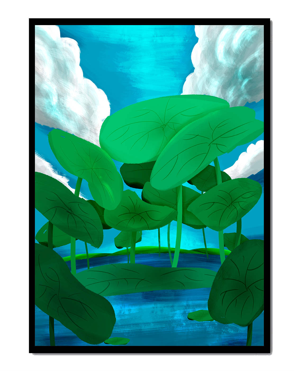 Serene landscape with lush green leaves and blue horizon