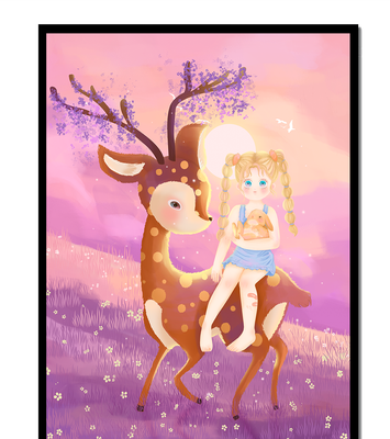 Whimsical Evening in the Enchanted Forest with Girl and Deer