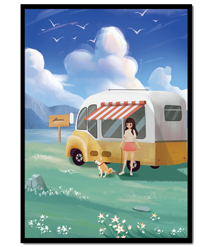 Girl with dog by camper van in serene nature setting