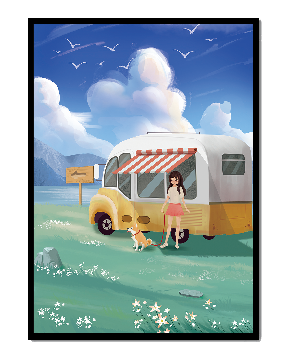 Girl with dog by camper van in serene nature setting