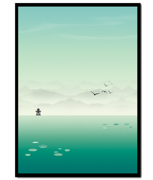 Paisaje sereno con pagoda y aves sobre un lago brumoso