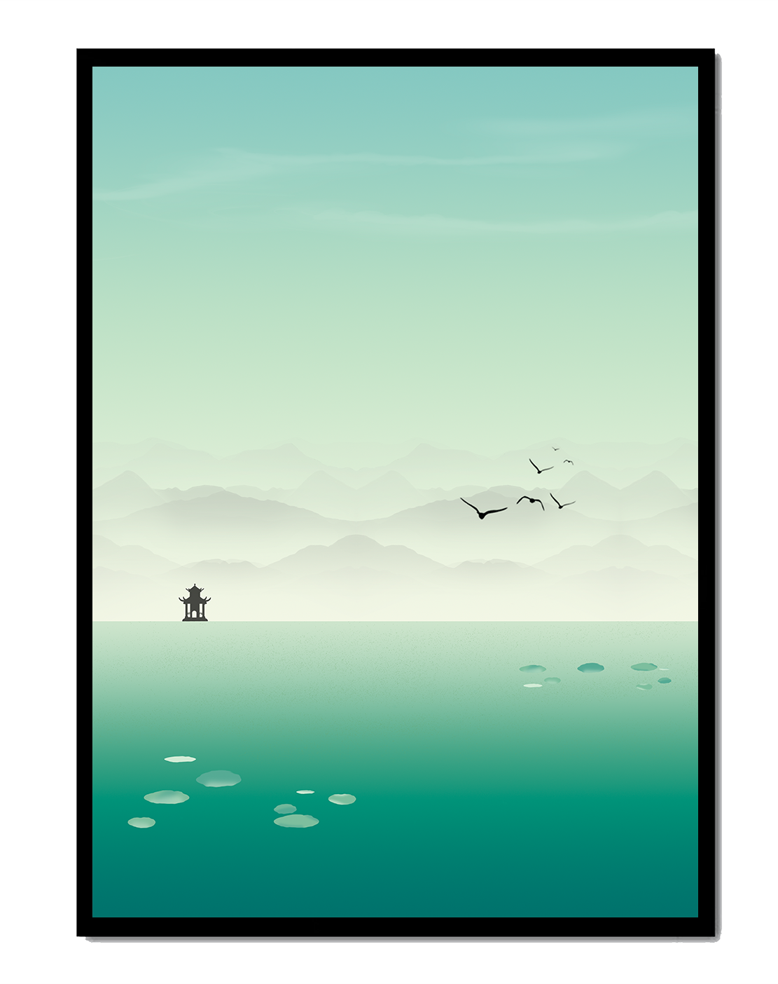 Serene landscape with pagoda and birds over a misty lake