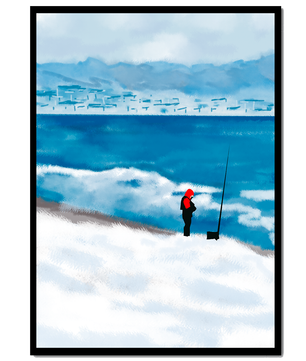 Winterlandschaft mit Person in roter Jacke am Meer