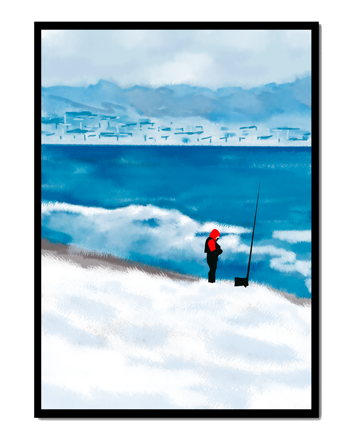 Winterlandschaft mit Person in roter Jacke am Meer