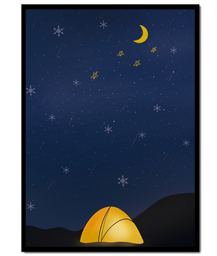 Camping Under Night Sky with Stars and Crescent Moon